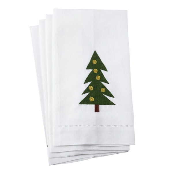 Tistheseason SARO Christmas Tree Embroidery Design Hemstitched Linen Cotton Guest Towel White - Set of 4 TI3198321 - main